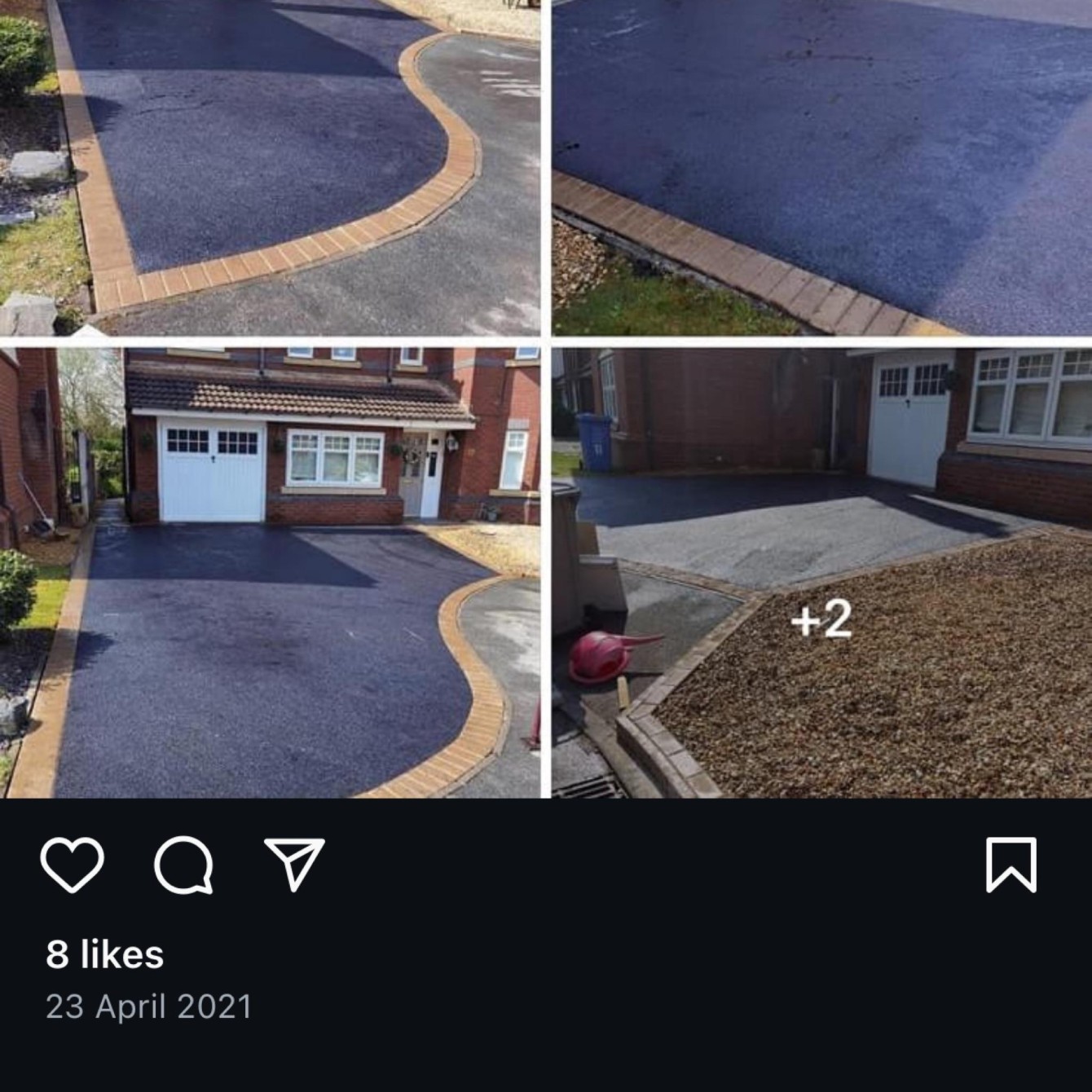 Instagram collage: dark driveway with tan block border at red brick house — Cheshire